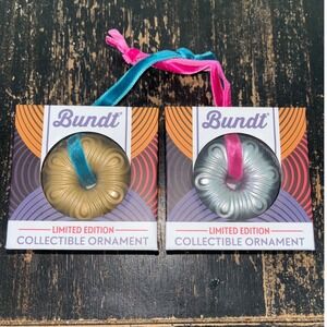 Nordic Ware Bundt Limited Edition Collectible Ornament Set 2 Cast Aluminum Gold